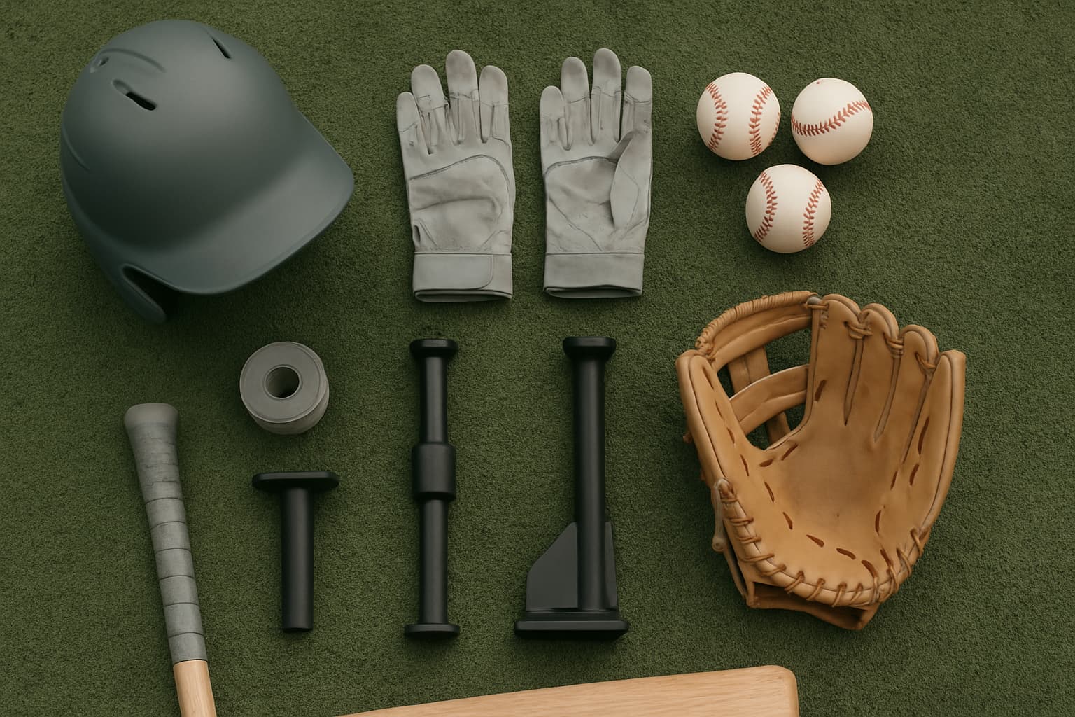 Flat lay of baseball equipment including a helmet, gloves, and baseballs on turf.