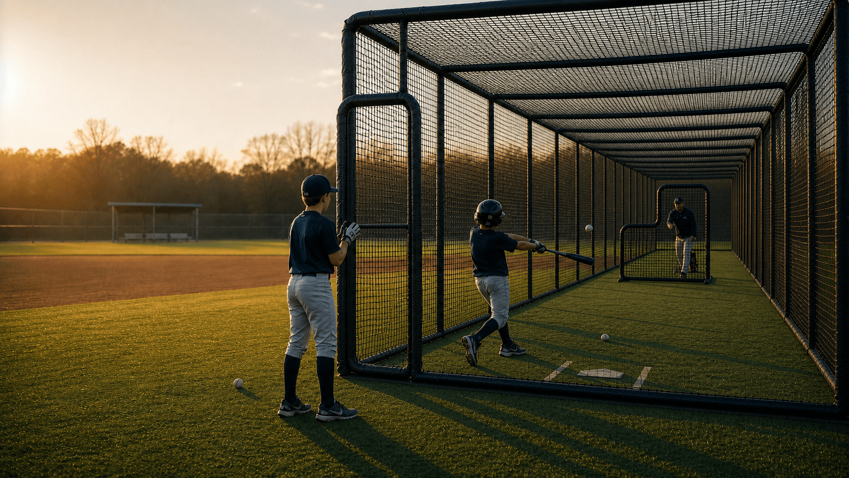 A youth baseball player swings inside an outdoor batting cage at golden hour while a teammate waits on deck and a coach feeds from an L-screen, on a quiet community ballfield.