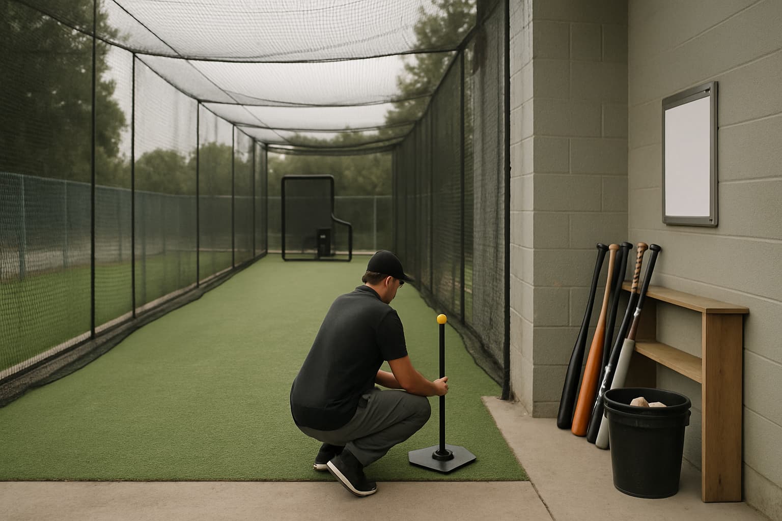 A coach kneeling to set up a tee in a batting cage with organized gear.