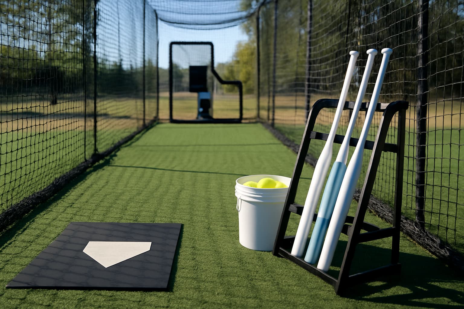 Softball training setup with bats, a bucket of softballs, and home plate in a batting cage.