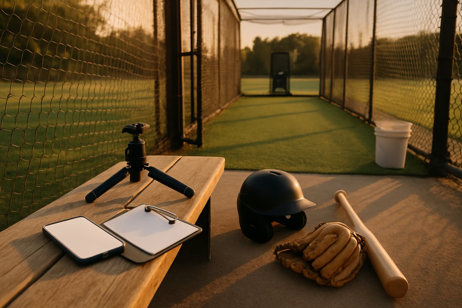 A phone, camera tripod, helmet, glove, and bat on a bench beside a batting cage entrance.