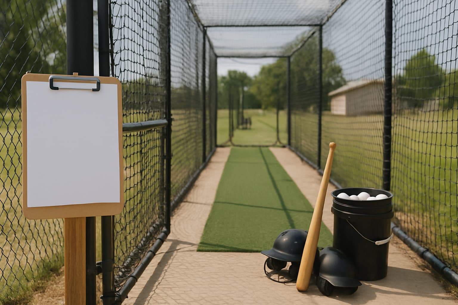 Batting cage entrance with a clipboard, helmet, bat, and ball bucket organized outside the lane.