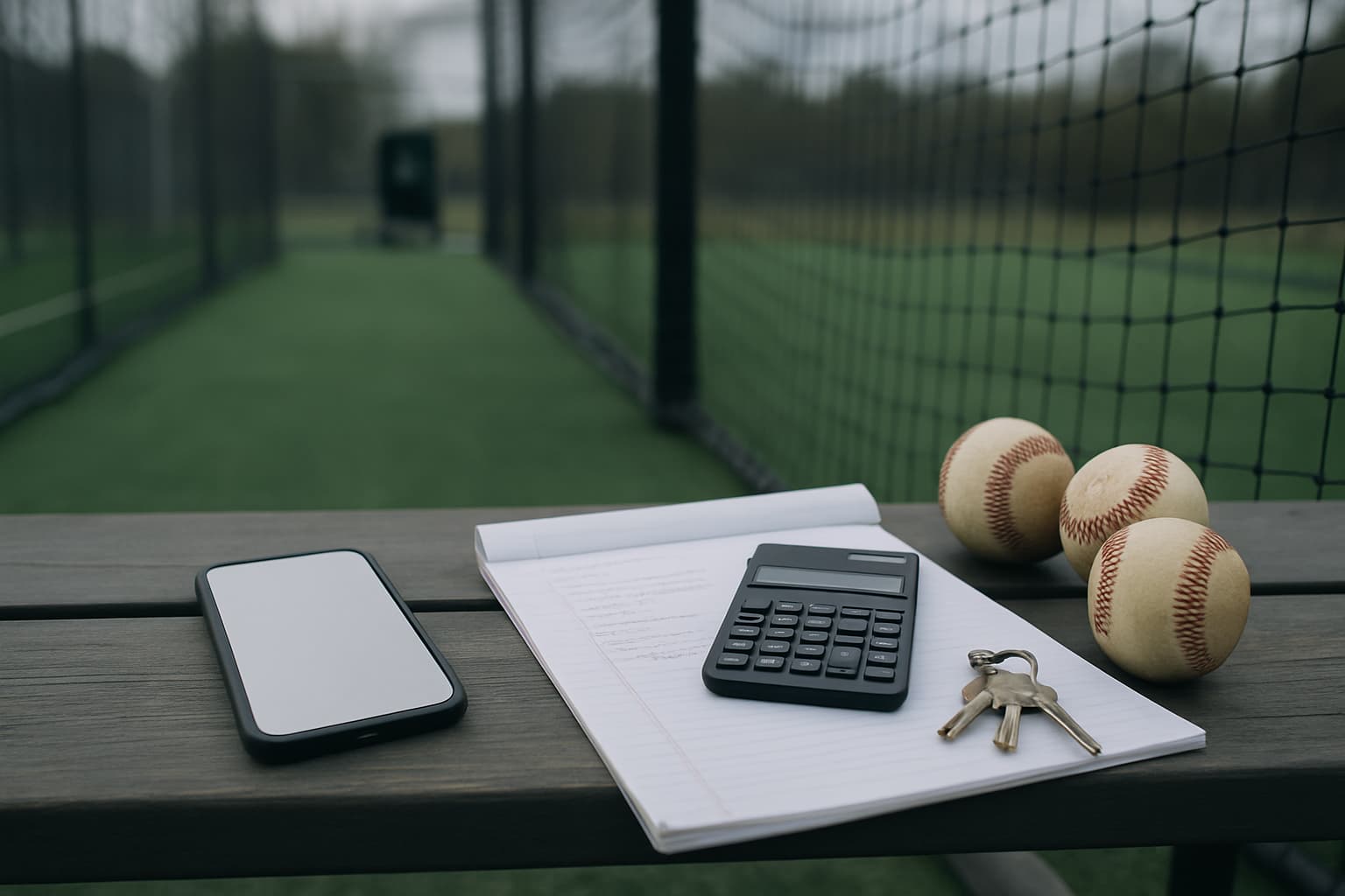 Tabletop with a phone, calculator, notebook, keys, and baseballs in a batting cage setting.