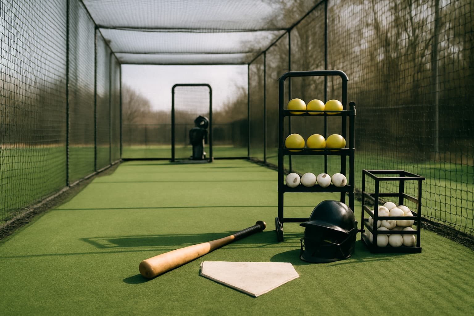 A clean batting cage with turf, netting, a bat, helmet, and organized baseballs.