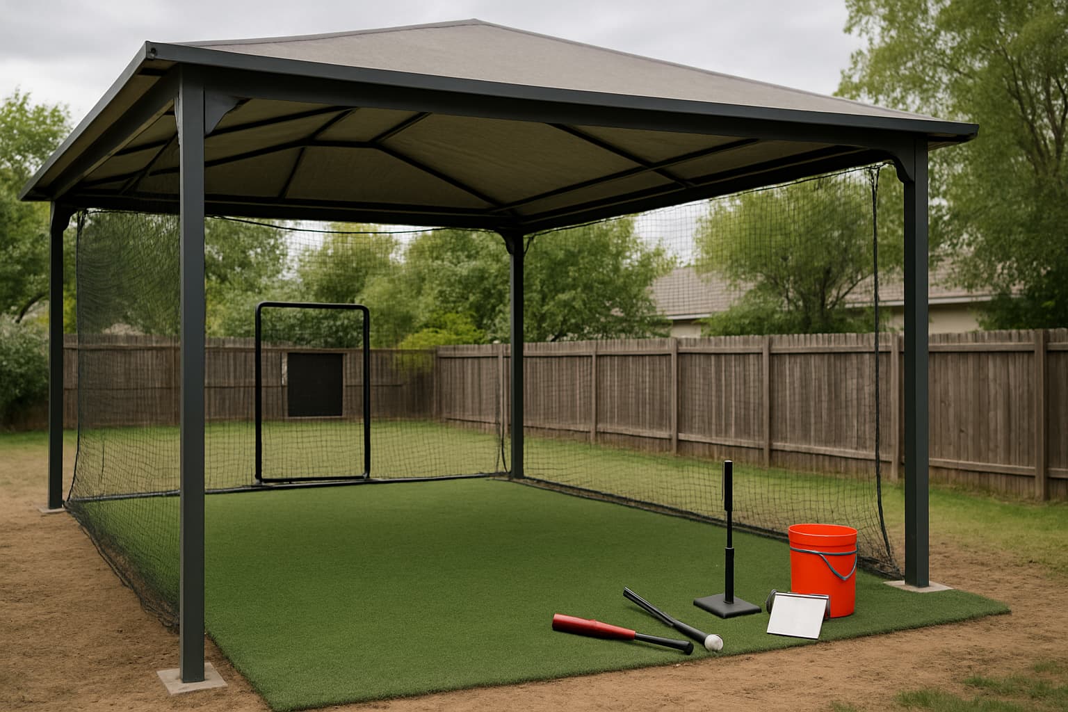 Covered backyard batting cage with turf, netting, and training equipment.