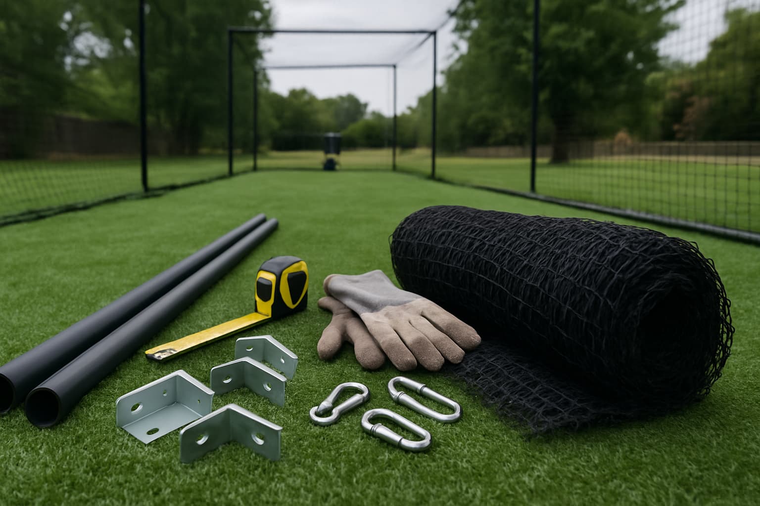 Batting cage build materials arranged on turf: frame brackets, measuring tape, net clips, gloves, and net.
