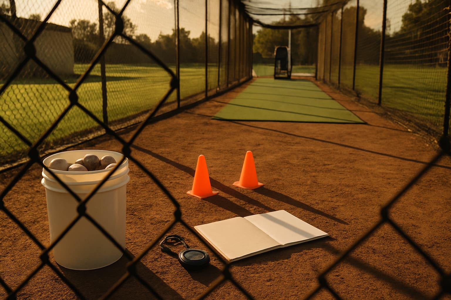 A baseball practice setup with a bucket of balls, cones, and a notebook in a training cage.