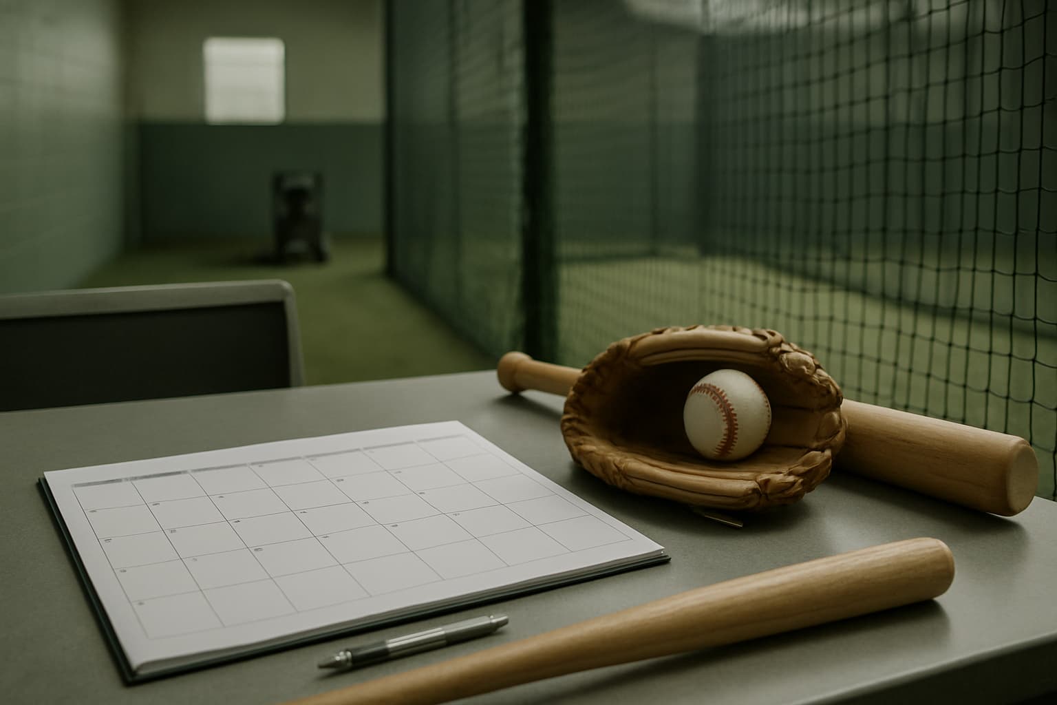 Empty facility counter with a calendar, baseball gear, and an empty cage lane in the background.