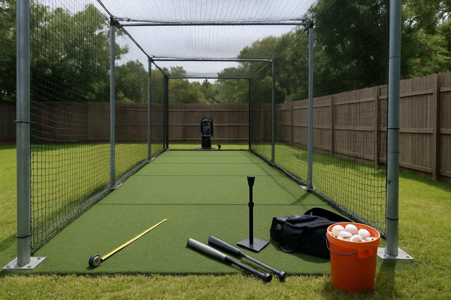 Backyard batting cage with turf, netting, and equipment, featuring a pitching machine at the far end.