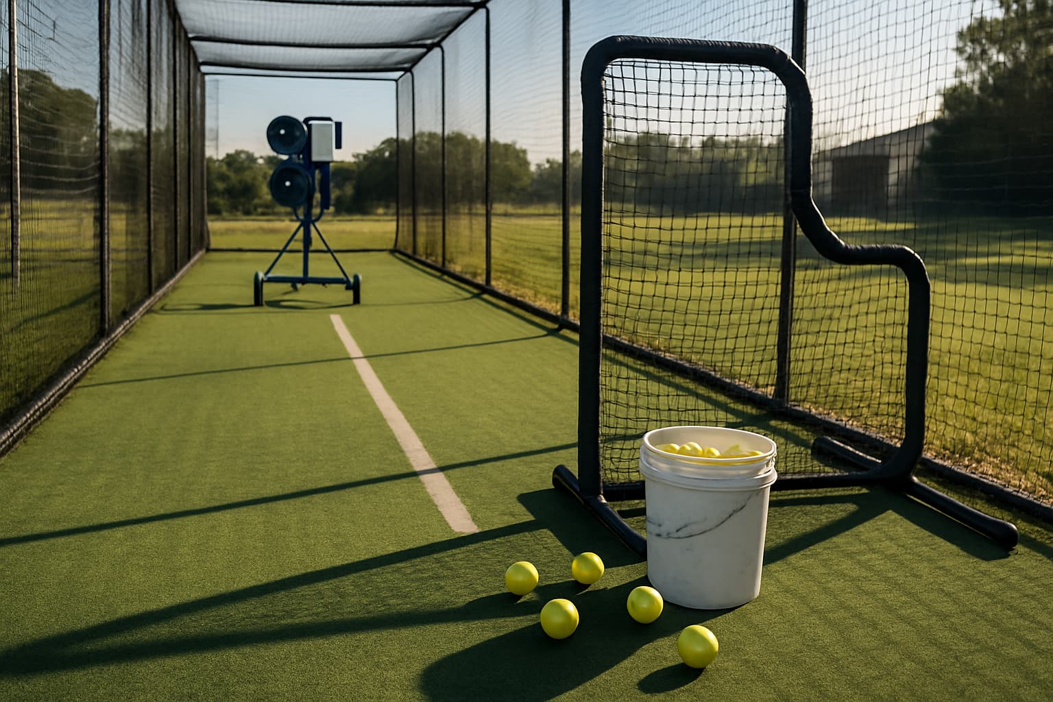 Pitching machine at the far end of a batting cage with a bucket of balls nearby.