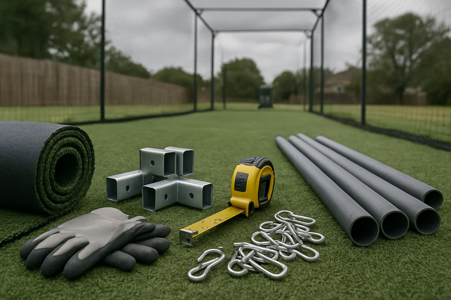 Construction materials for a batting cage on turf: frame brackets, measuring tape, net clips, and gloves.