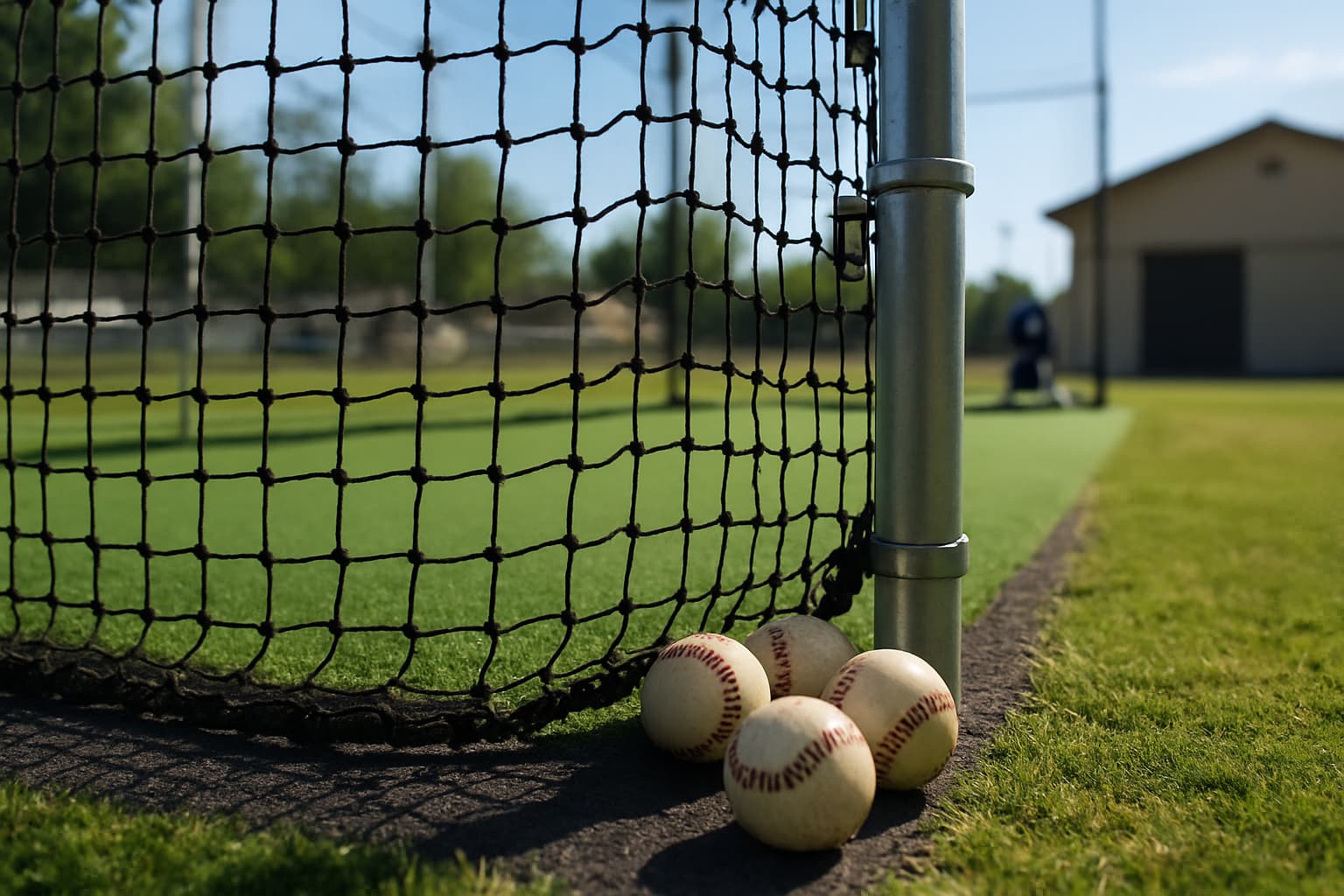 Close-up of batting cage netting, turf, and baseballs in a natural light setting.