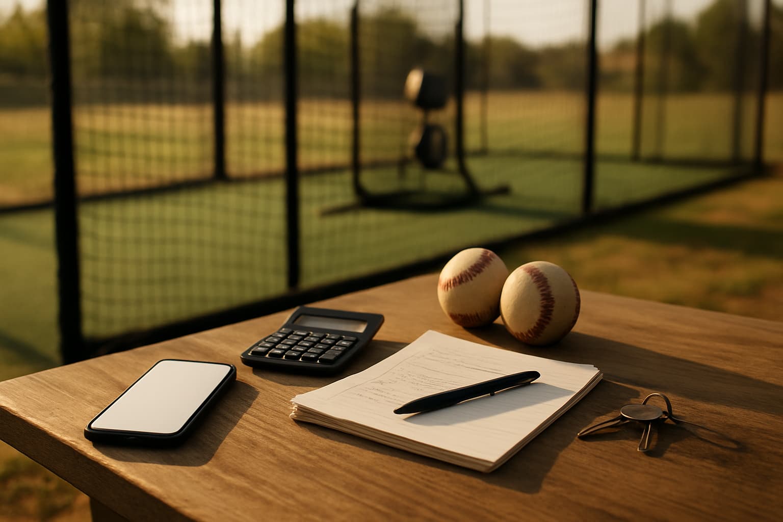 Table with a phone, calculator, notes, and baseballs in a training cage setting.