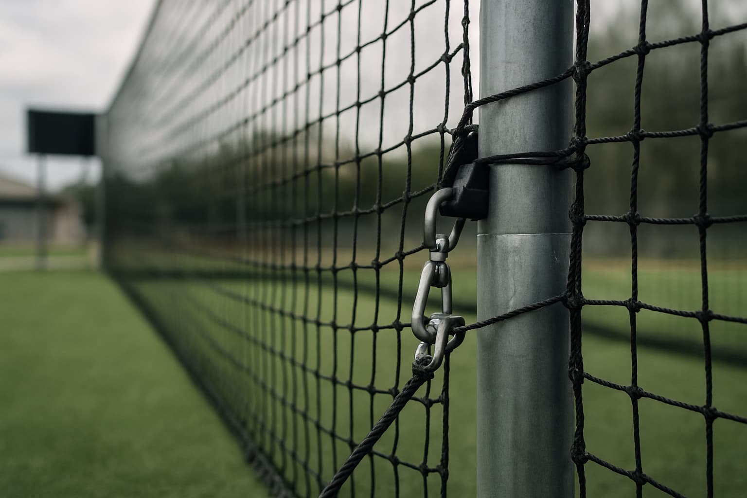 Close-up of batting cage netting attached to frame hardware with clean turf below.