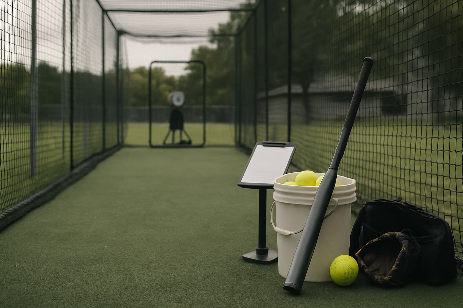 Softball training cage with a bucket of yellow softballs, bat, and glove.