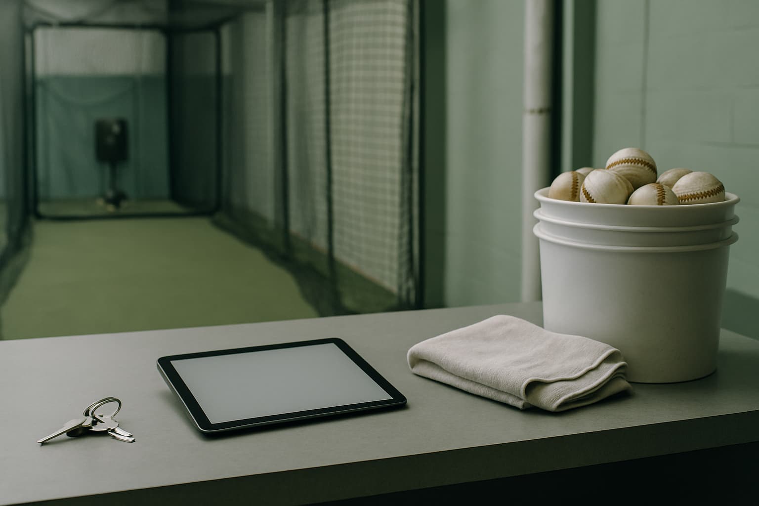 Batting cage operations counter with a tablet, keys, towel, and ball bucket.