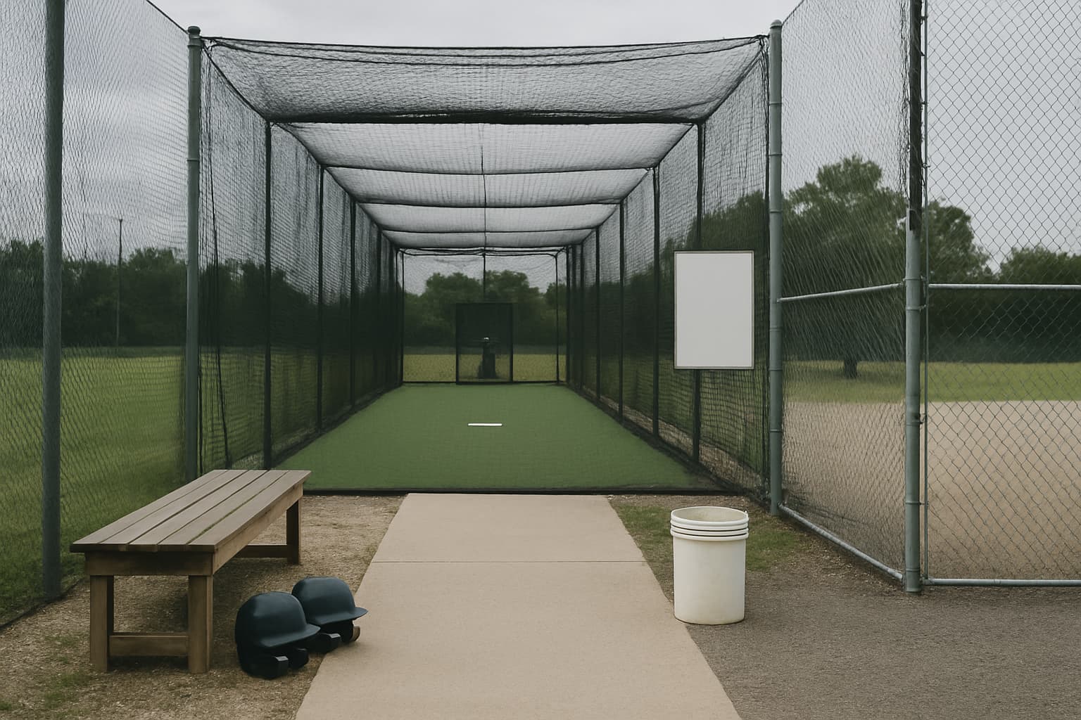 Welcoming entrance of a batting cage with a bench, helmets, and a clean path.