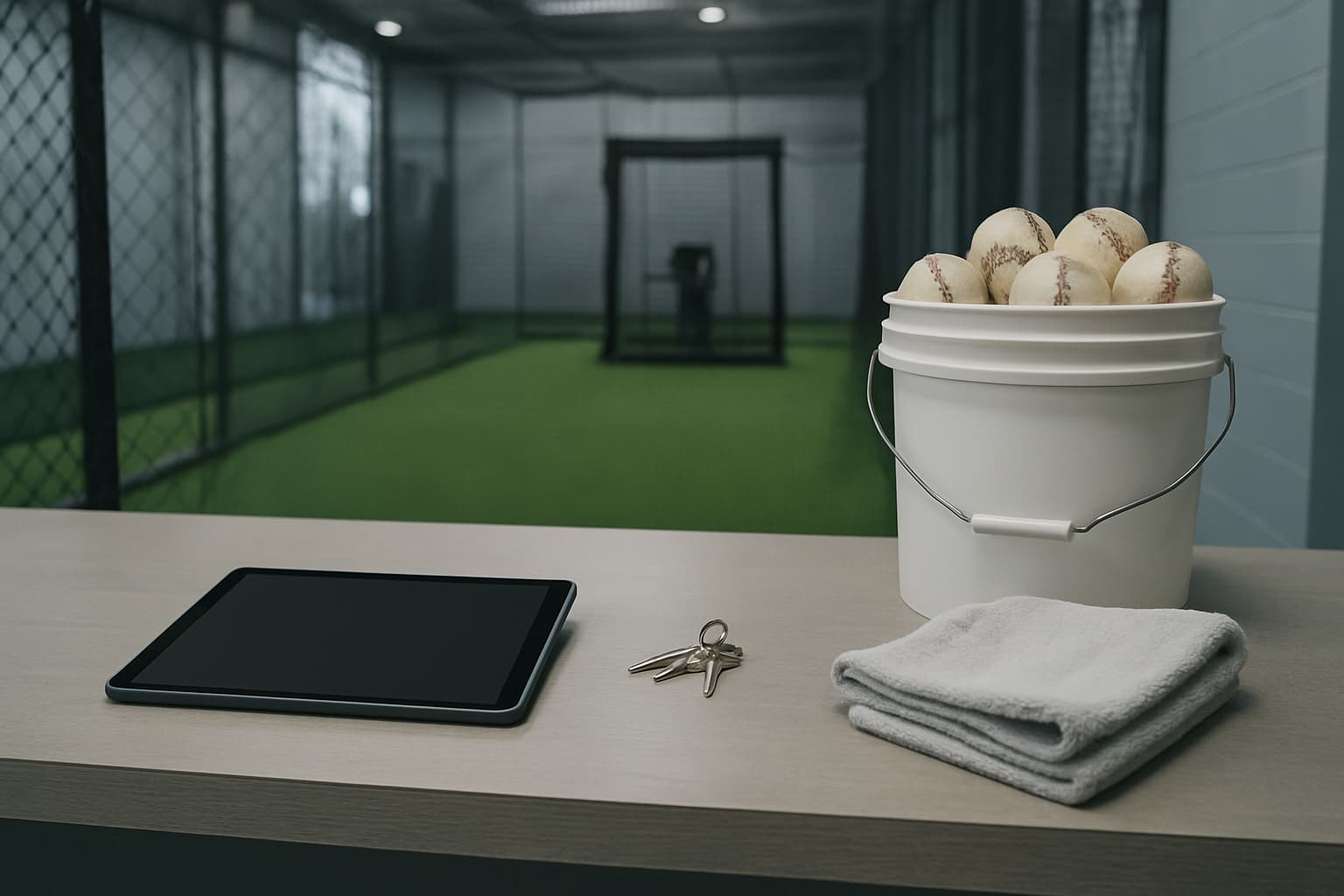 Operations counter with a tablet, keys, ball bucket, and towel in a batting cage facility.