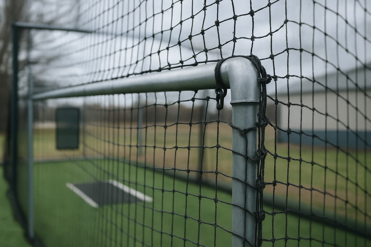 Close-up of batting cage netting attached to frame hardware with turf below.