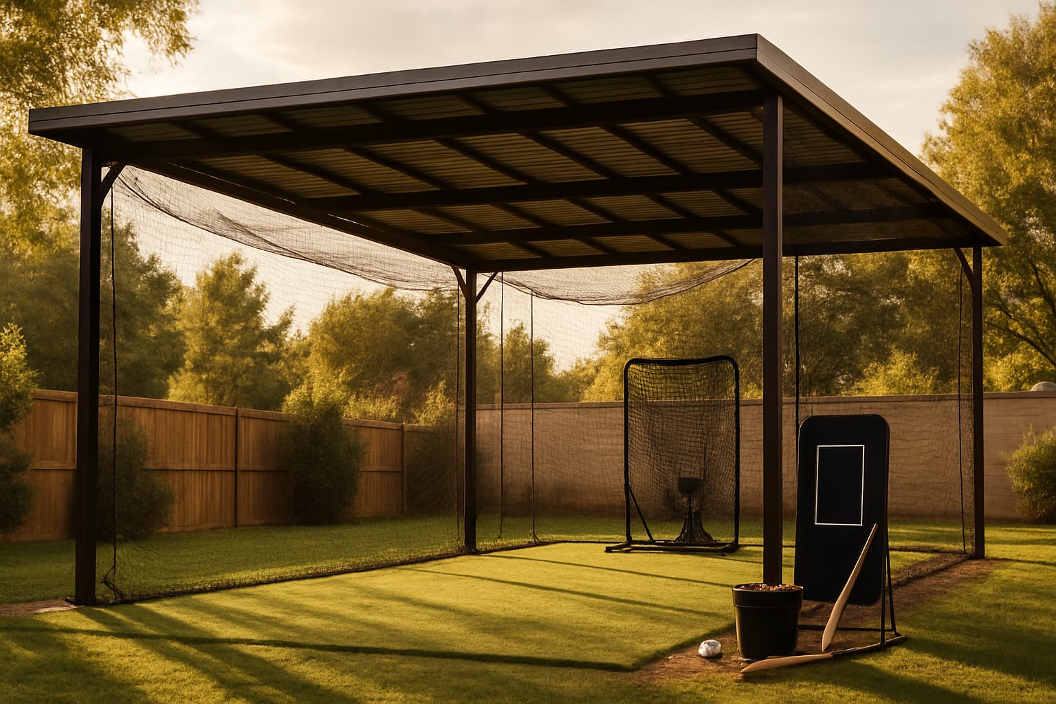 A covered backyard batting cage with turf, netting, and equipment in warm afternoon light.