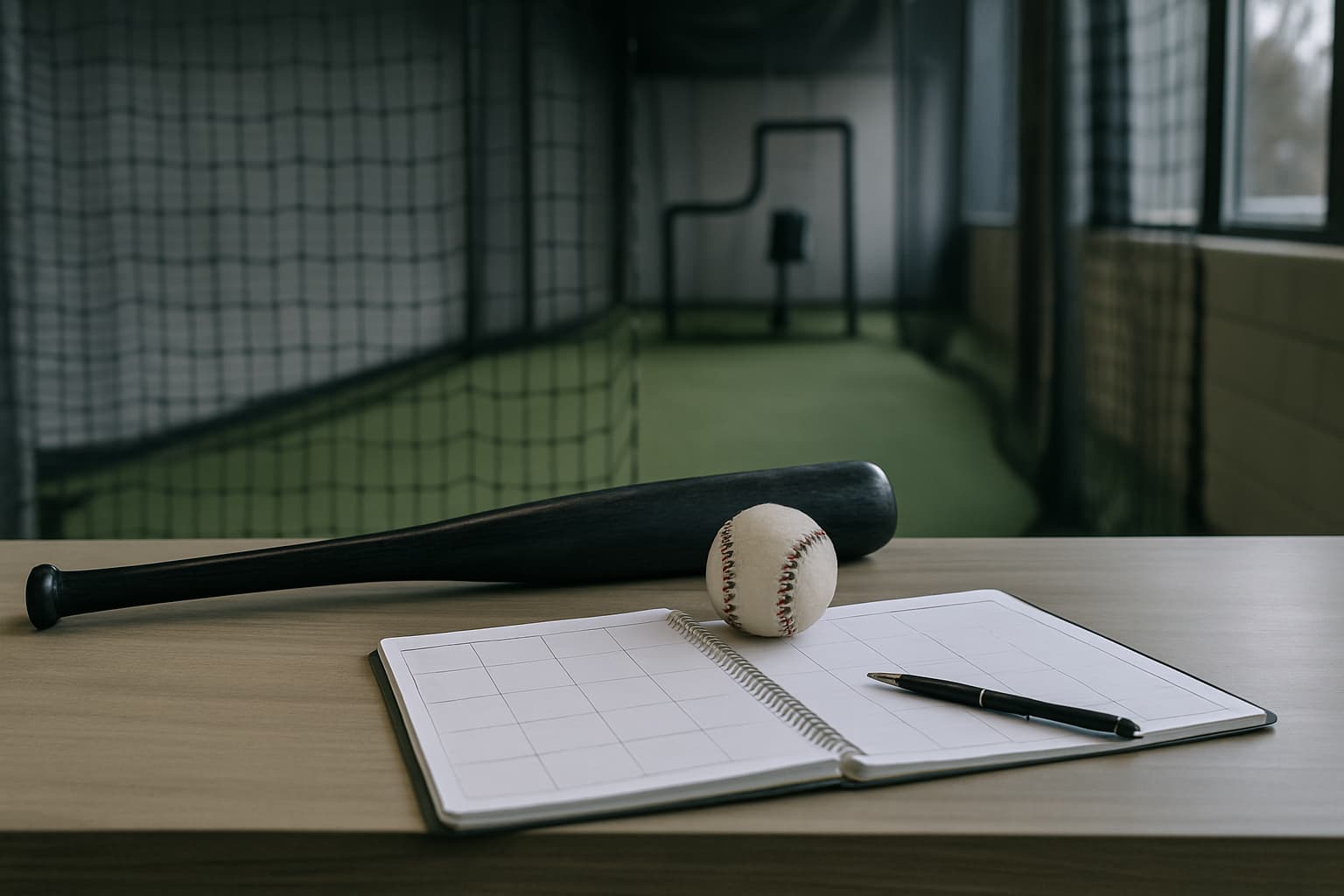 Baseball bat, ball, and blank notebook on a table in a training facility.