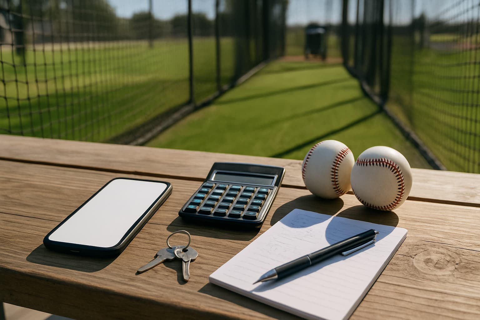 Tabletop scene with a phone, calculator, keys, and baseballs beside a batting cage.