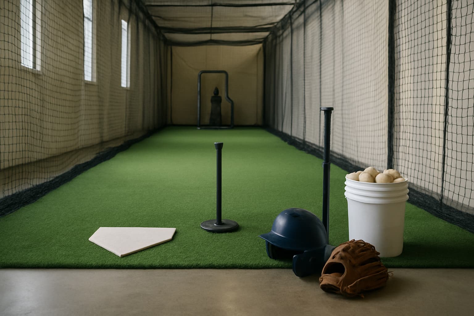 Indoor batting cage with turf, netting, tee, helmet, glove, and bucket of baseballs.