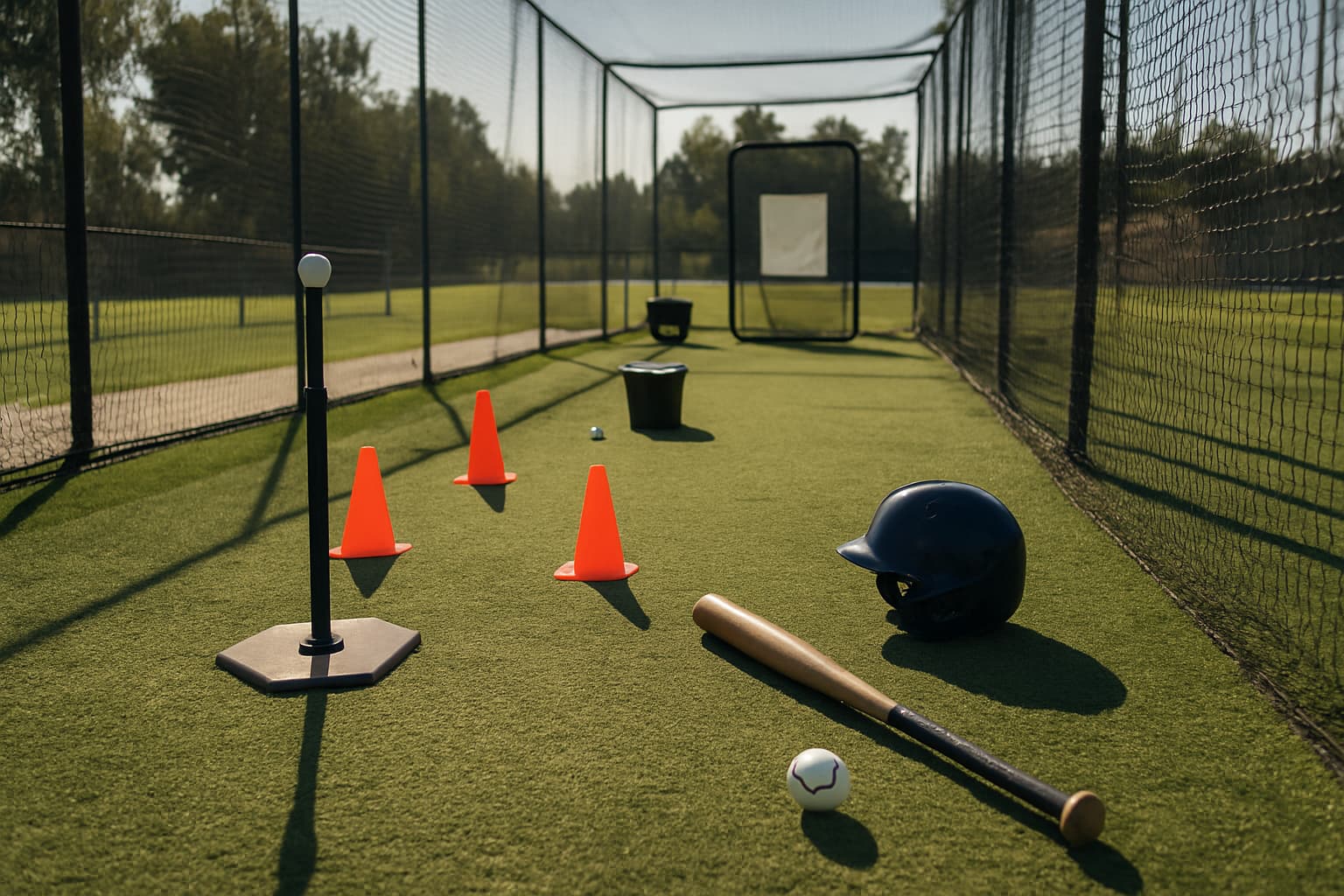Batting cage drill station with tees, cones, and gear set up safely.