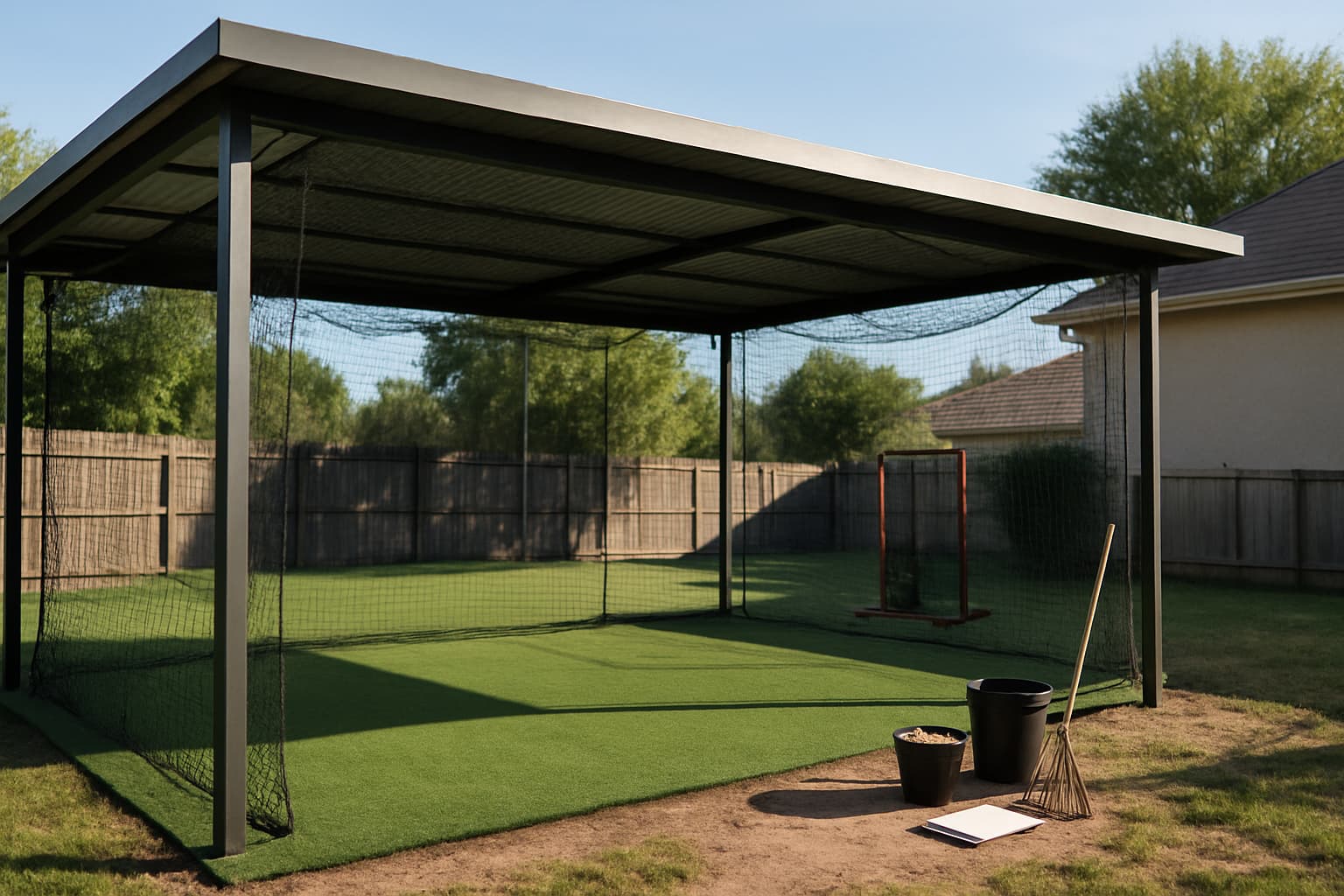 Covered batting cage with dry turf and organized tools in a backyard setting.