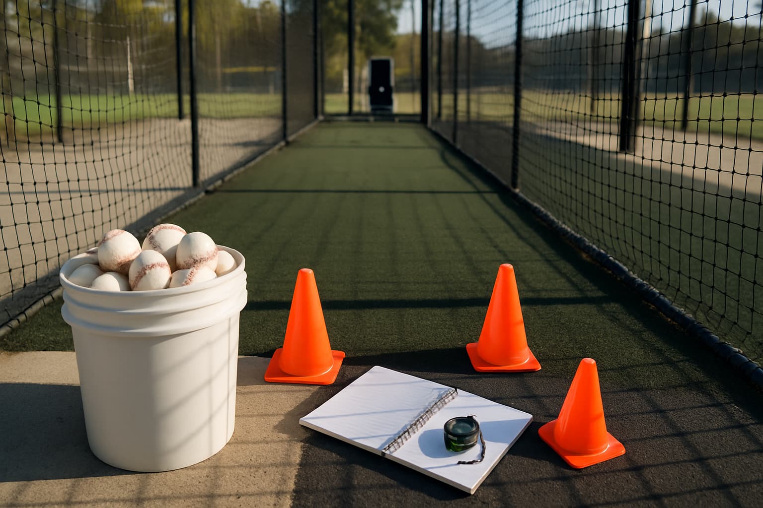 A baseball training setup with a bucket of balls, cones, and a notebook in an empty cage.