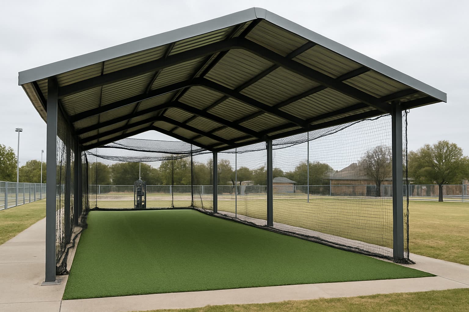 Covered batting cage with green turf and netting under overcast sky.