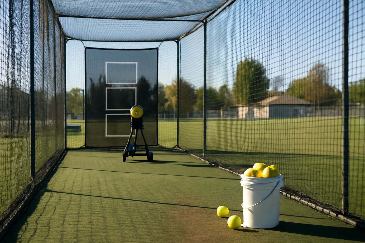 Empty batting cage with a pitching machine and a bucket of yellow softballs.
