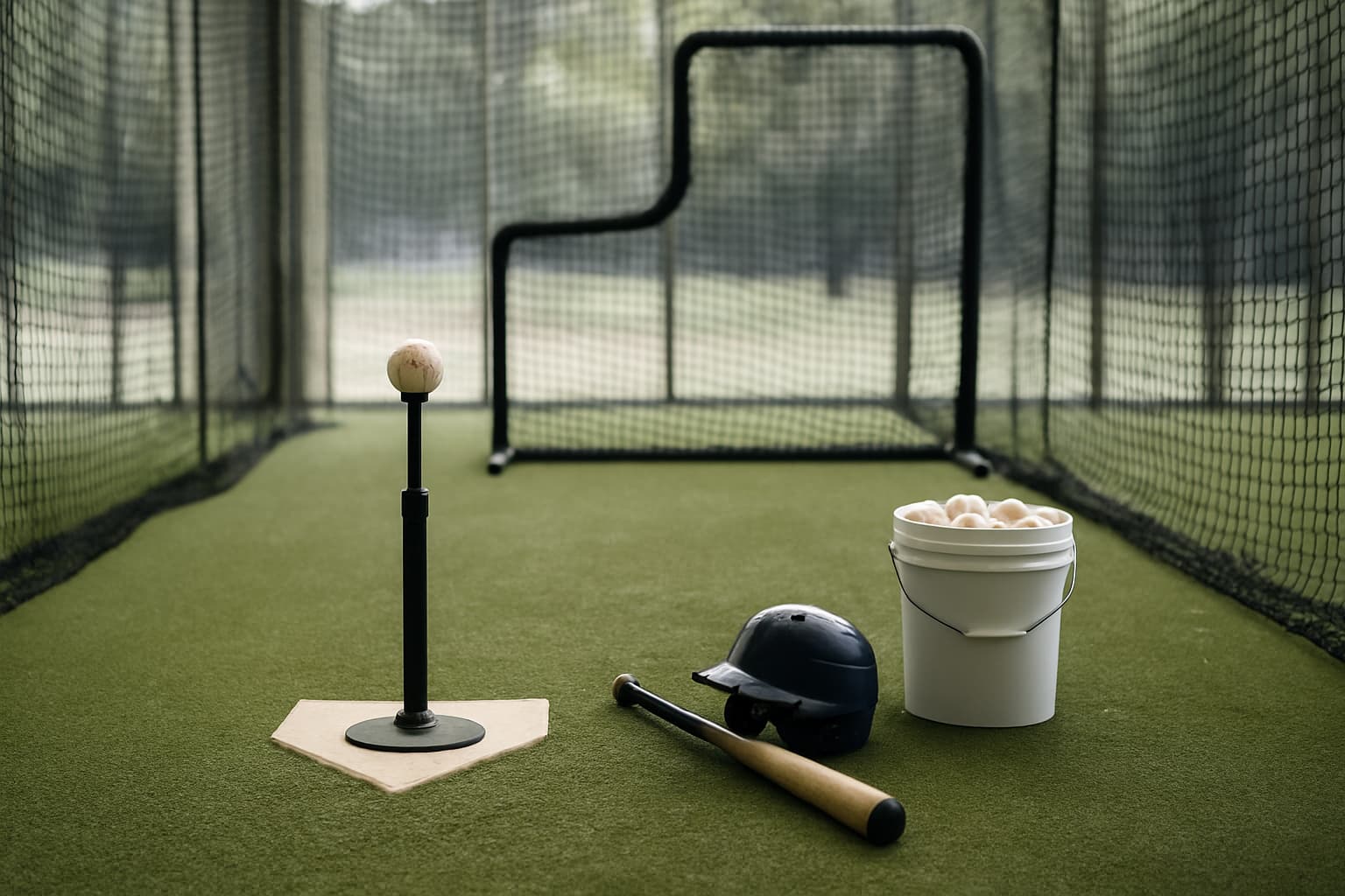 Empty batting cage with a tee, helmet, bat, and bucket of baseballs.