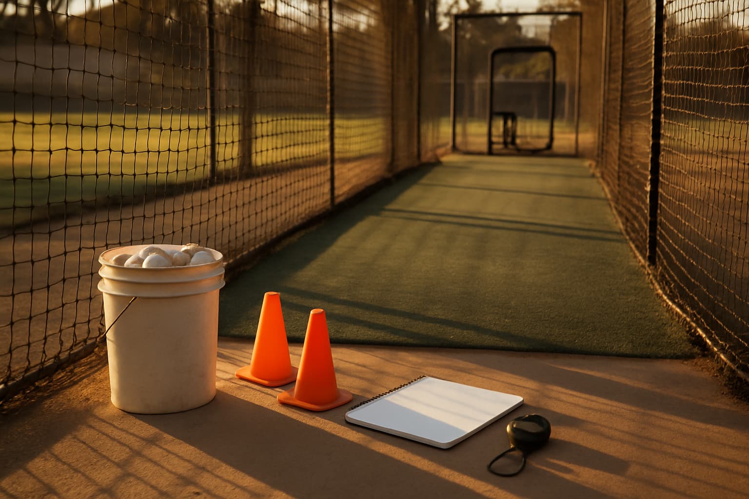Baseball training setup with a bucket of balls, cones, and a notebook in a batting cage.