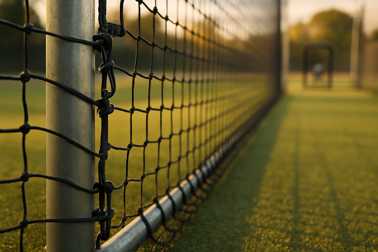 Close-up of batting cage netting and frame in warm afternoon light.