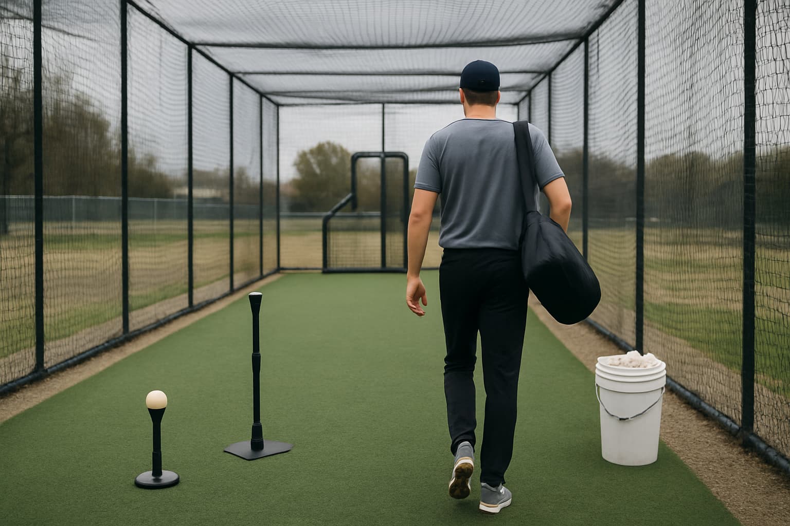 A player walks towards a batting cage entrance, carrying a bat bag, with tees and a ball bucket staged safely.