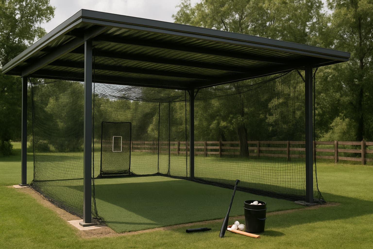 Covered backyard batting cage with secured netting and organized tools.