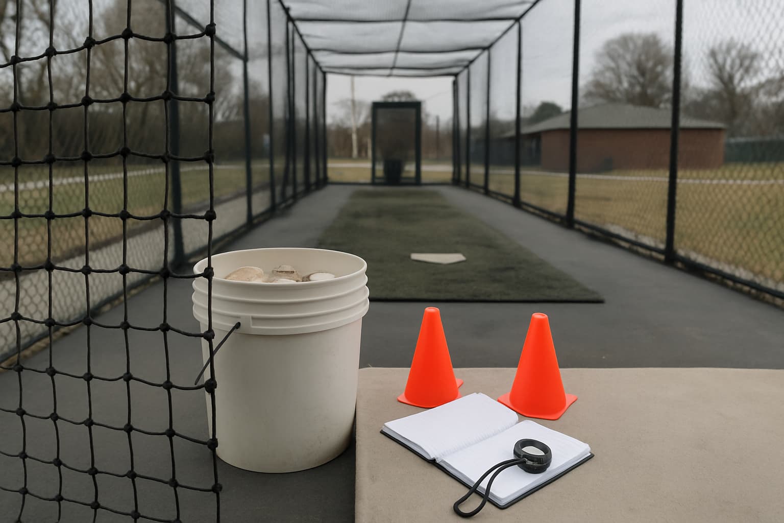 Practice setup in a batting cage with a bucket of balls, cones, and a notebook.