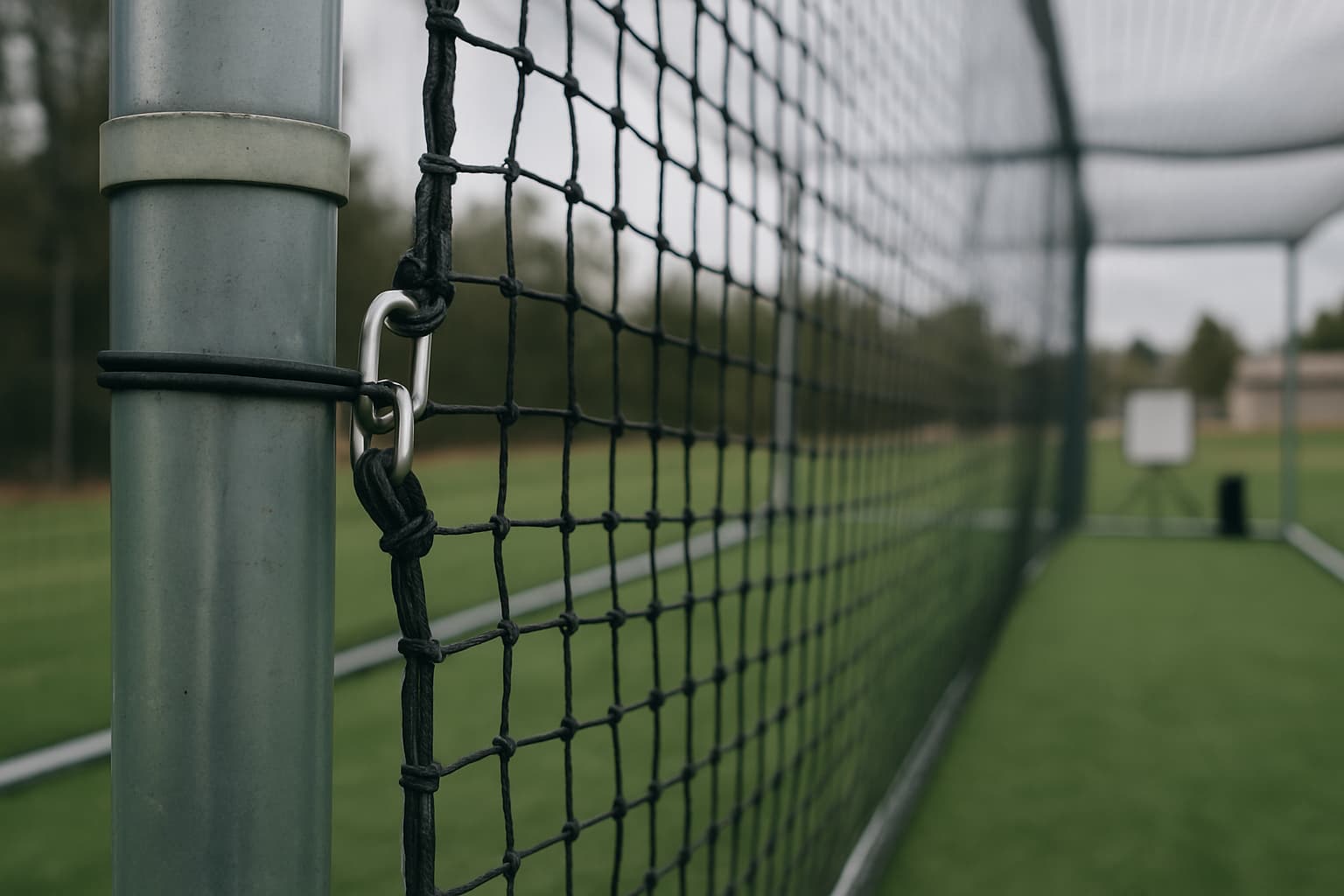 Close-up of batting cage netting attached to frame hardware with turf below.