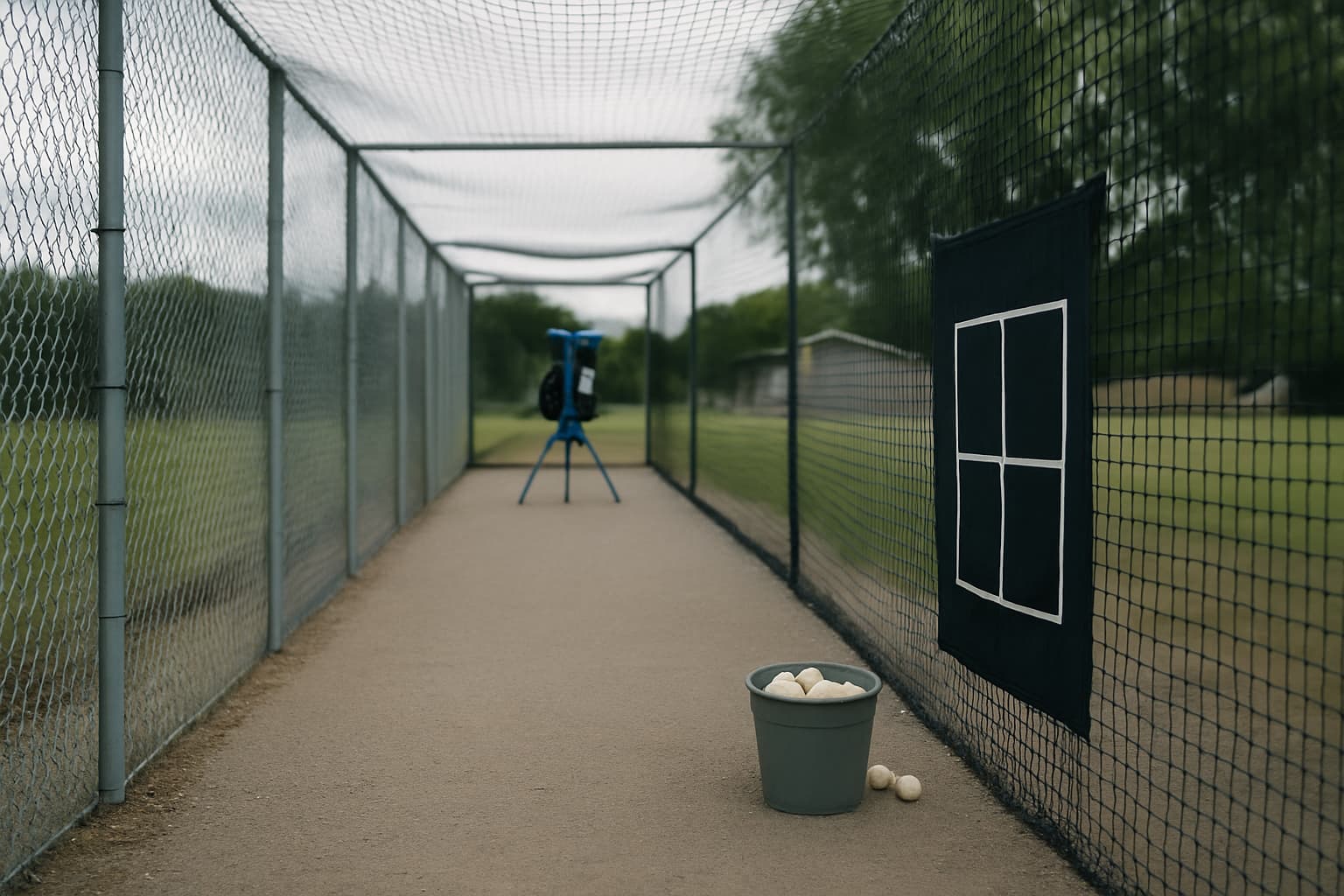 Empty batting cage with a pitching machine and target zones, showcasing a training setup.
