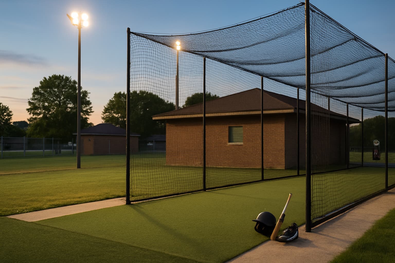 Evening view of a batting cage with lights, turf, and gear on the ground.