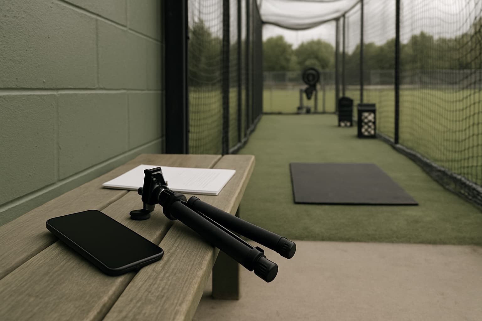 Bench with a phone and tripod beside a batting cage entrance.