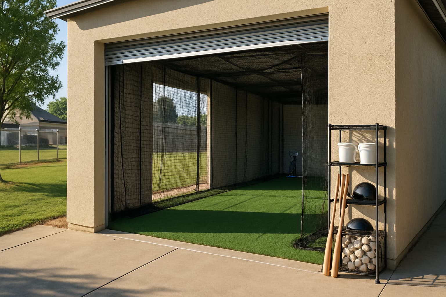 View of a batting cage with an open roll-up door and organized equipment outside.
