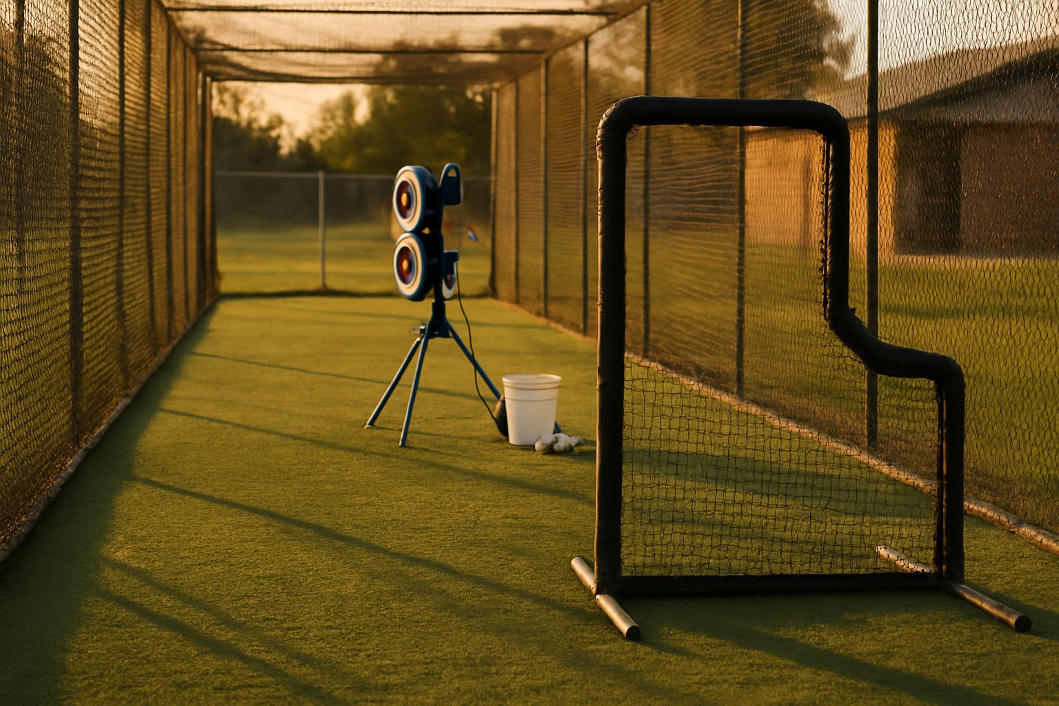 Pitching machine and gear set up in an empty batting cage during golden hour.