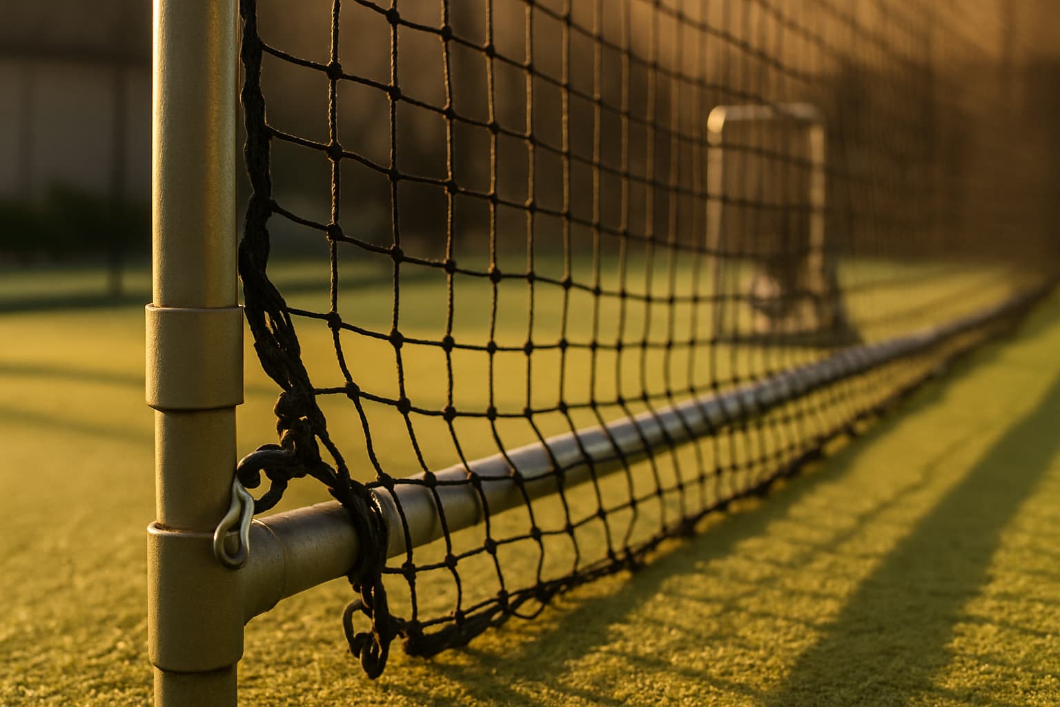 Close-up of batting cage netting and frame in warm afternoon light.