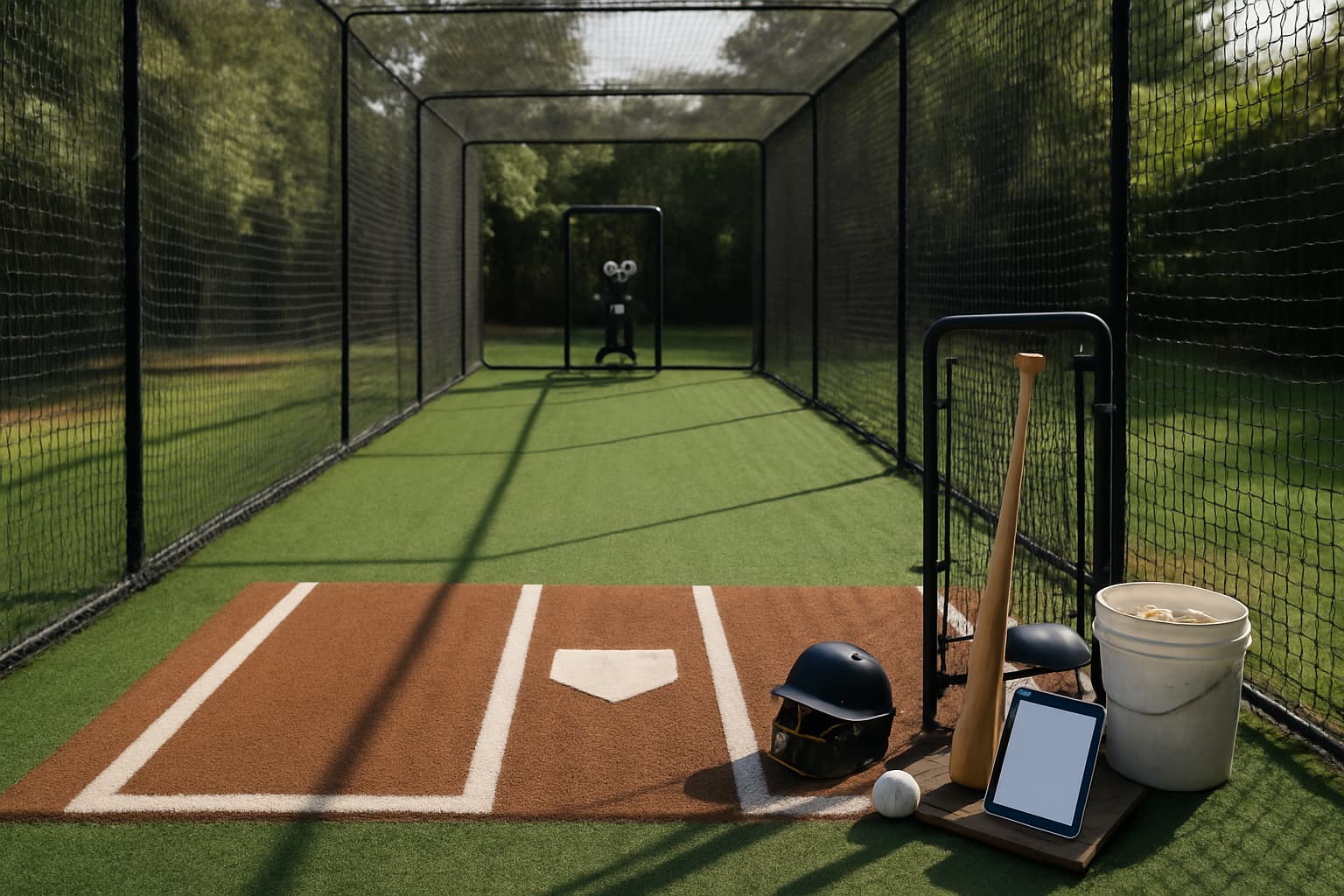 A well-organized backyard batting cage with clean turf, netting, and equipment.