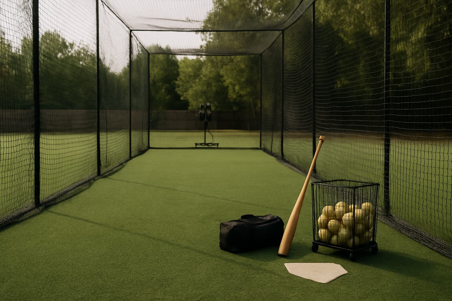 A batting cage with turf, a bat, a ball bucket, and home plate, showing a safe training environment.