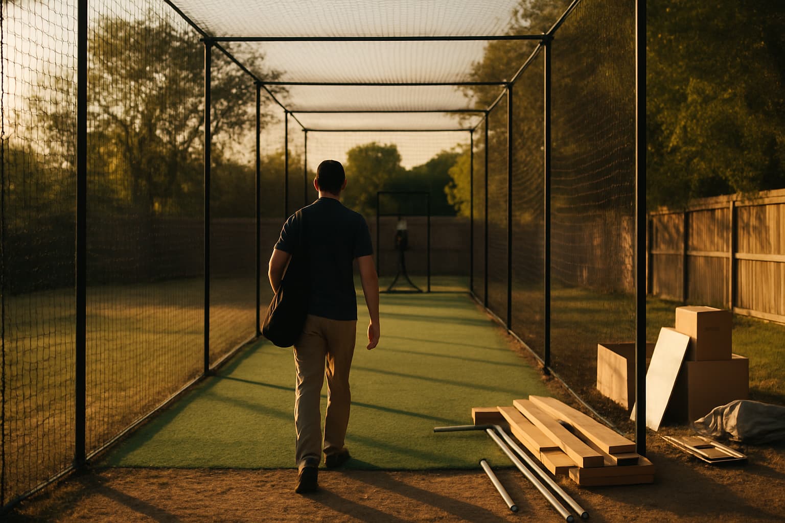 A person walking towards a batting cage entrance, carrying a bat bag, with construction materials staged nearby.