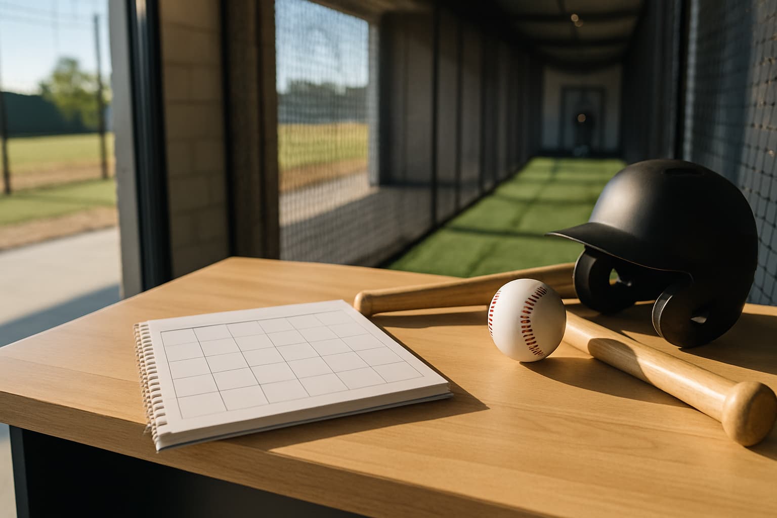 A clean facility counter with a blank calendar, baseball gear, and an empty cage lane in the background.