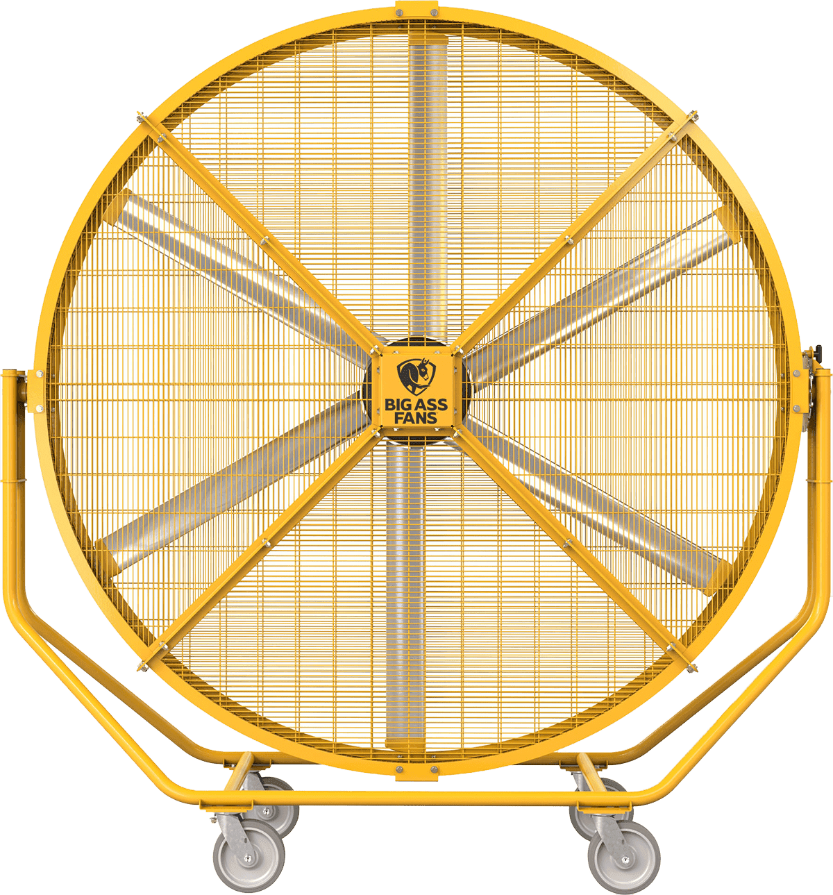 A large industrial barrel fan positioned at the end of an indoor batting cage.